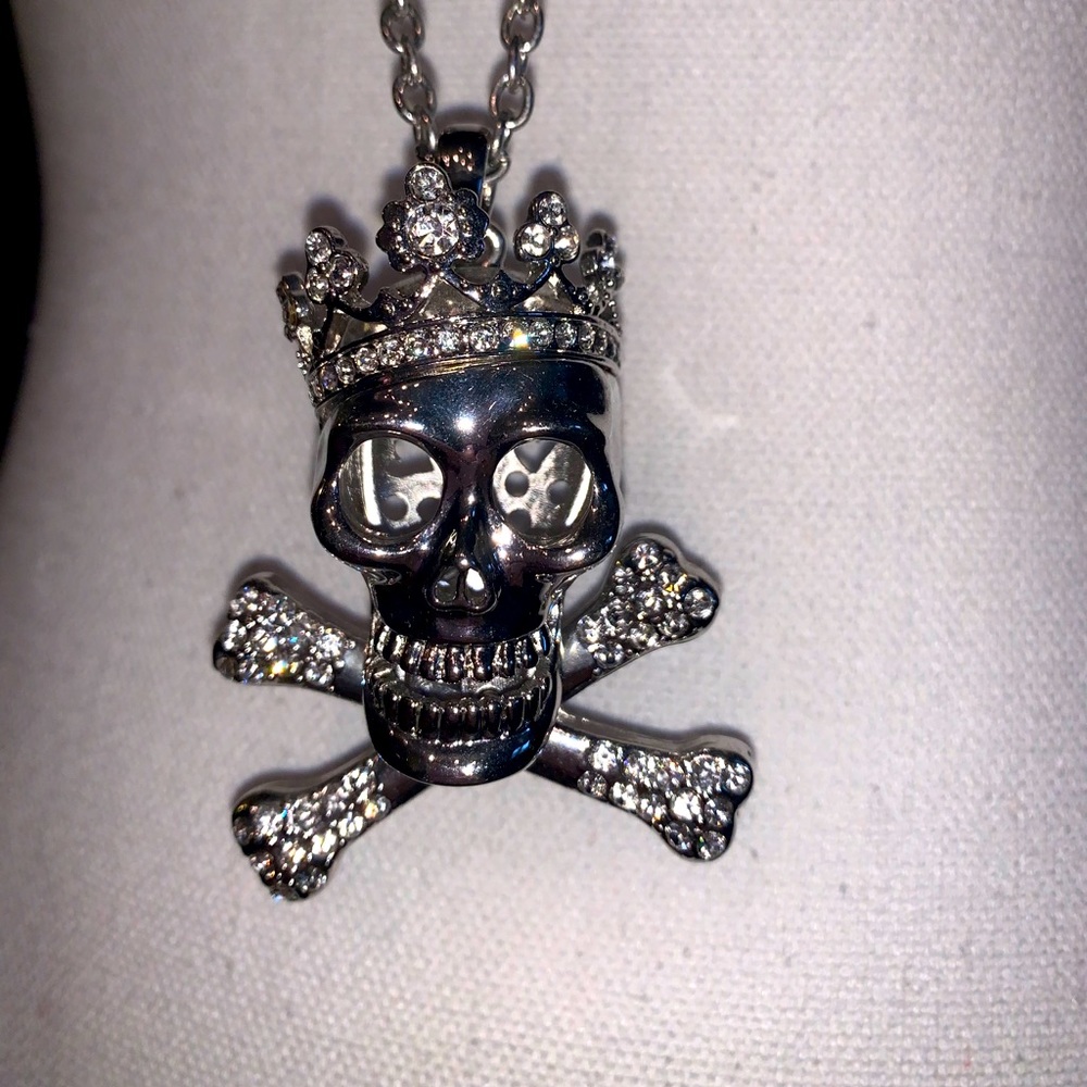 Skull Crown Crossbones Silver Crystals Necklace